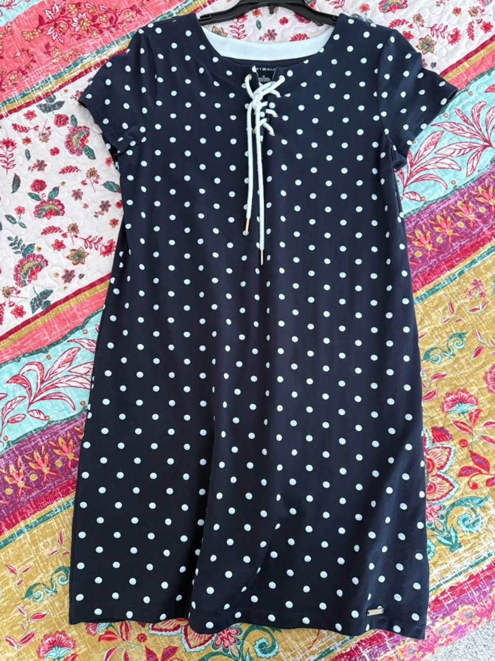 Tommy Hilfiger Navy Dress with Polka Dots and Lace-Up Front